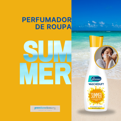 Perfume para roupa Dr. Beckmann Summer com fundo amarelo e praia ao fundo