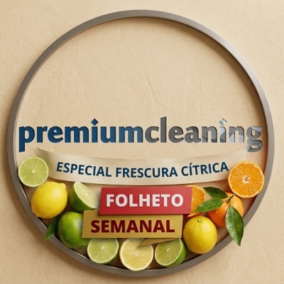 Logótipo circular premiumcleaning com frutas cítricas e texto promocional