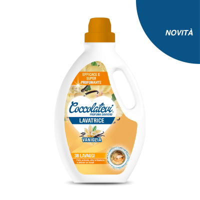 Frasco de detergente líquido Coccolatevi com tampa laranja e rótulo floral