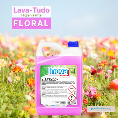 Recipiente plástico rosa de 5 litros com rótulo Inova LTS Floral, num campo com flores coloridas