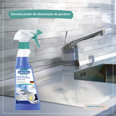 Frasco de limpa inox Dr.Beckmann numa cozinha moderna com torneira