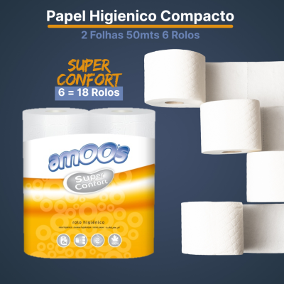 Pacote de papel higiénico compacto Amoos Super Confort com 6 rolos ao lado