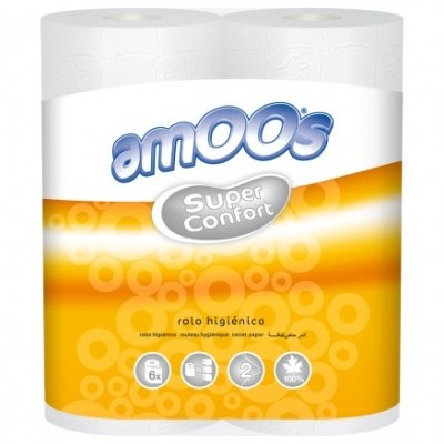 Pack de 6 rolos de papel higiénico amOO's Super Confort em embalagem laranja e branca