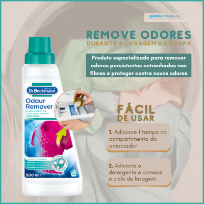 Frasco Dr. Beckmann Odour Remover 500 ml com instruções de uso em português