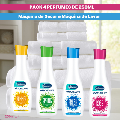 Quatro frascos de perfumes Dr. Beckmann Wäscheduft sobre toalhas brancas.