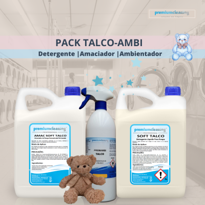 Pack TALCO-AMBI com detergente, amaciador e ambientador premiumcleaning e ursinho de peluche