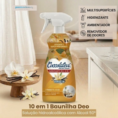 Frasco spray de solução hidroalcoólica aromatizante baunilha em cozinha