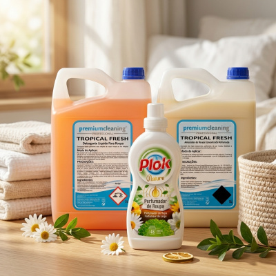 Produtos de limpeza para roupa em frascos e galões com etiquetas em português num ambiente iluminado.