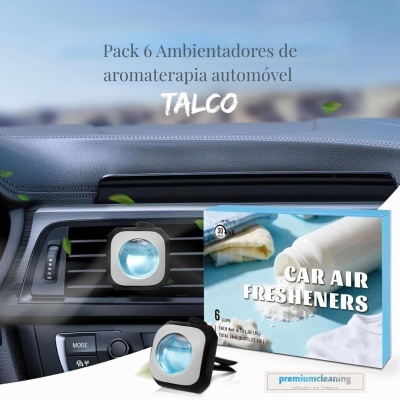 Ambientadores automóvel em clips pretos com detalhe azul e embalagem com texto em inglês