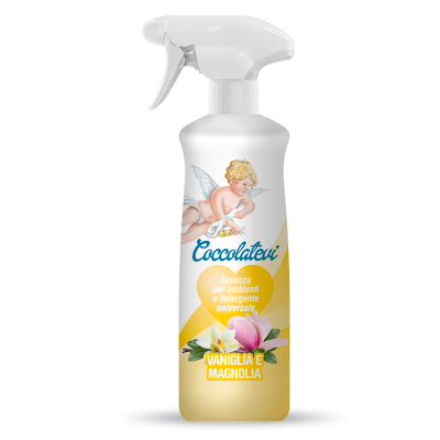 Frasco pulverizador branco com rótulo de essência de vanília e magnólia