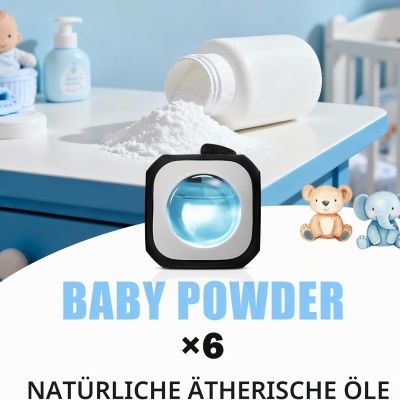 Frasco branco aberto com pó branco sobre mesa, frasco e boneca ao fundo, texto BABY POWDER x6
