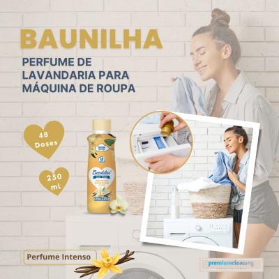 Perfume de lavandaria baunilha em embalagem amarela com duas fotos de mulher a lavar roupa em lavandaria doméstica