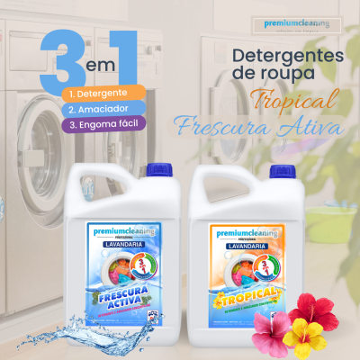 Detergentes de roupa premiumcleaning Frescura Activa e Tropical em embalagens grandes de cor branca