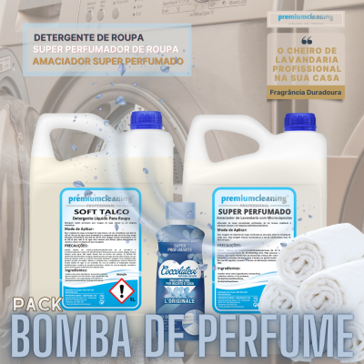Produtos de limpeza para roupa premiumcleaning com embalagens brancas e azul-claras junto a toalhas brancas em fundo de máquina de lavar.