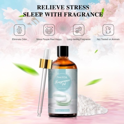 Frasco âmbar com óleo fragrância Aloe Powder, conta-gotas dourado, fundo floral e texto de benefícios