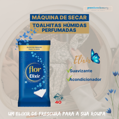 Embalagem azul de toalhitas húmidas perfumadas Flor Elixir para máquina de secar e texto promocional em português
