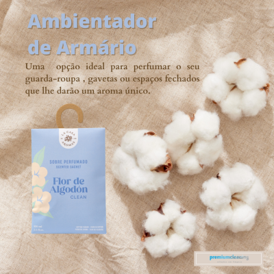 Ambientador de armário Flor de Algodón embalagem azul com flores de algodão