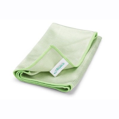 pano de microfibra verde claro com bordas verdes e etiqueta Bayeco