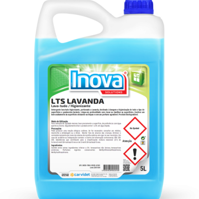 frasco azul com tampa azul e rótulo branco de detergente lavanda Inova Solutions