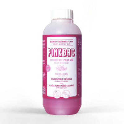 Frasco rosa de detergente para WC Pinkbac com rótulo branco e rosa