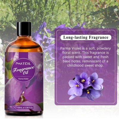 Frasco castanho com óleo perfumado Phatdil Parma Violet e flores violetas no rótulo
