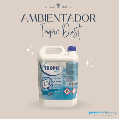 Recipiente branco de ambientador Tropic Dust com tampa azul e rótulo azul e branco