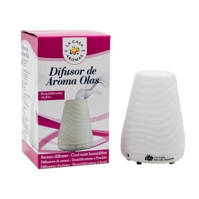 Difusor de aroma branco cónico com textura ondulada e embalagem rosa e branca da marca La Casa de los Aromas