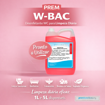Frasco vermelho de desinfetante WC Premium W-BAC com rótulo azul e branco sobre fundo rosa