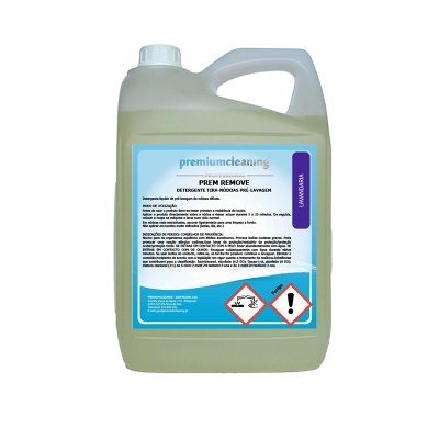 Frasco plástico de detergente pré-lavagem amarelo claro com etiqueta azul e branca