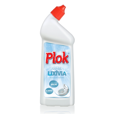 Frasco de gel WC Plok lixívia com tampa vermelha e rótulo azul