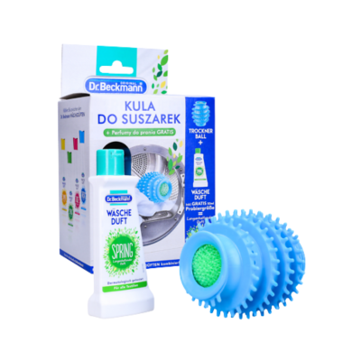 Bola de secar azul com frasco de fragrância e embalagem Dr. Beckmann