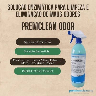 Frasco de spray azul de limpeza PREMCLEAN ODOR com informações sobre eliminação de maus odores e características biológicas.