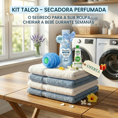 Kit talco perfumado Cocodetou e detergente verde sobre toalhas dobradas numa mesa de madeira em lavandaria