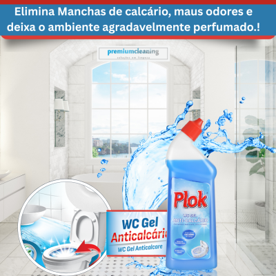 Produto de limpeza Plok WC Gel Anticalcário em casa de banho clara com janela