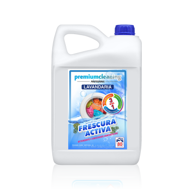 Detergente líquido Premium Cleaning para lavandaria em frasco branco com tampa azul.