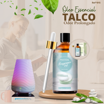 Frasco de óleo essencial Talco com difusor aromático e fundo de mulher lendo