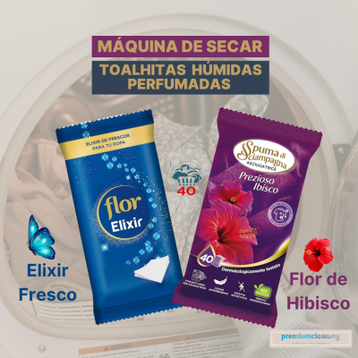 Pacotes de toalhitas húmidas perfumadas para máquina de secar com fragrâncias Elixir Fresco e Flor de Hibisco.