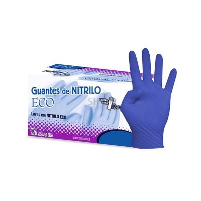 Caixa de luvas de nitrilo azuis com uma luva azul levantada ao lado.