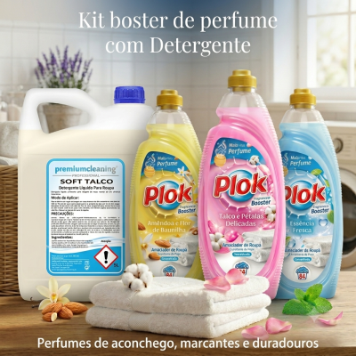 Kit de detergente líquido Soft Talco e três amaciadores Plok Booster em diferentes fragrâncias com toalhas brancas e decoração de flores e amêndoas