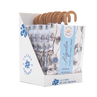 Sachês perfumados algodão em caixa branca com texto azul