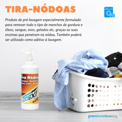 Frasco de tira-nódoas com cesto de roupa colorida