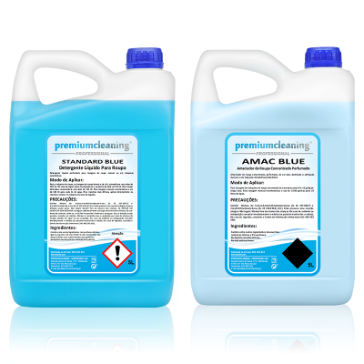 Dois bidões de produtos para limpeza, um azul e outro branco, ambos com rótulos azuis e detalhes escritos.