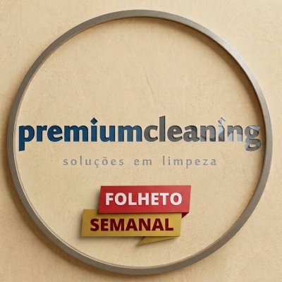 Logotipo premiumcleaning em parede bege com aro metálico e etiquetas FOLHETO SEMANAL