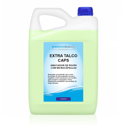 Recipiente plástico verde claro com tampa azul e etiqueta azul e branca de amaciador de roupa