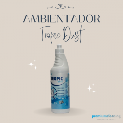 Frasco branco de ambientador Tropic Dust com rótulo azul e detalhes em gotas de água