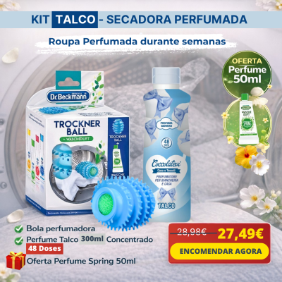Conjunto bola perfumadora azul e frasco Talco Coccolatevi 300ml com embalagem e oferta perfume Spring 50ml