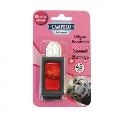 Difusor de fragrância para carro Campero com embalagem rosa e texto sobre o produto