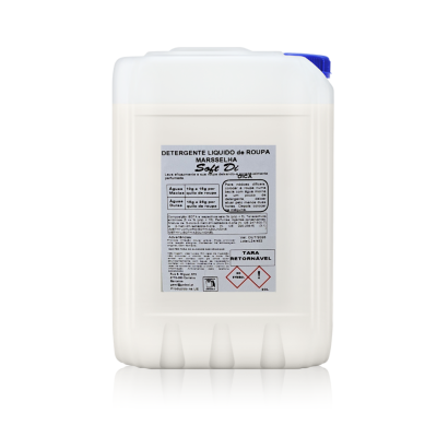Recipiente de detergente líquido de roupa Marselha Safe DI com rótulo detalhado