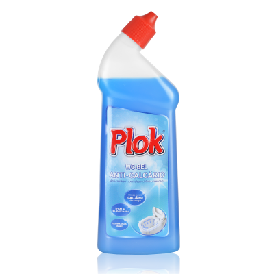 Frasco azul de gel anti-calcário Plok com tampa vermelha