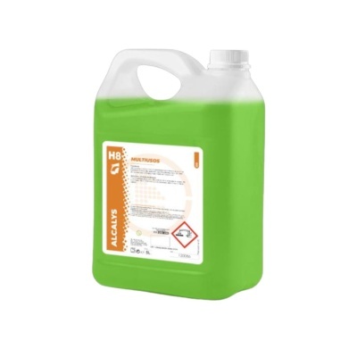 Recipiente plástico verde com tampa branca e etiqueta de limpeza multiusos